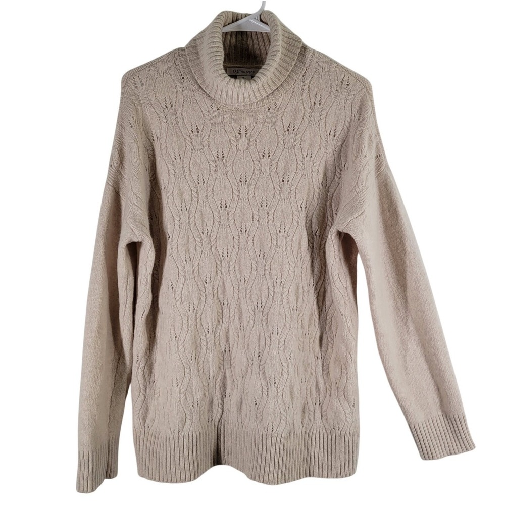 Tabitha Webb Turtleneck Sweater Womens Large Oatmeal Pointelle Cable Knit Wool